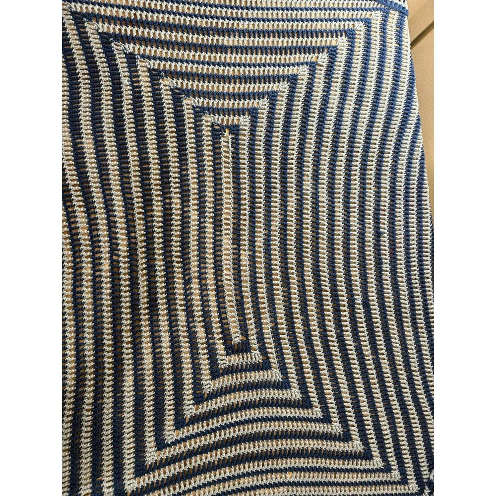 VTG MCM Large Crochet Rctngle Afghan Blanket Twin/Throw 78x65 Blue Beach‎ Cabin